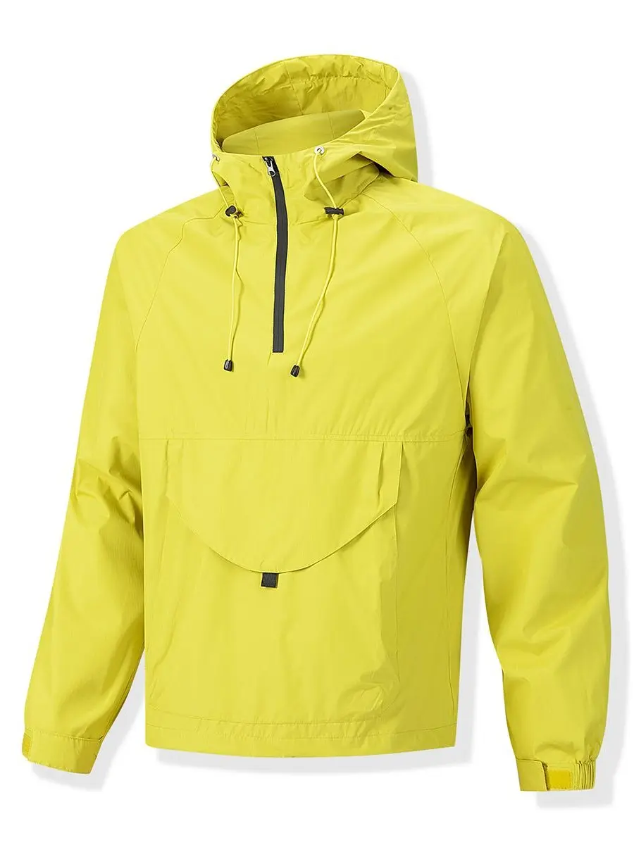 Men's Minimal Half-Zip Hooded Anorak Windbreaker - Solid Black Lightweight Casual Pullover with Spacious Front Snap Kangaroo Pocket, Smooth Fabric, Ideal for Pairing with Jeans, Tank Tops, Sneakers, Uniform Use