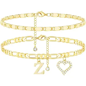 Initial Ankle Bracelets for Women Waterproof 14K Gold Plated Dainty Layered Figaro Chain Letter Initial CZ Heart Ankle Bracelets Set Summer Beach Jewelry for Women