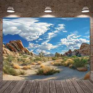 1pc 2D Flat Arid Desert Landscape Backdrop, Polyester Fabric Banner with Cactus & Sandstone Rock, Mountain Scenery, Versatile Decoration for Booths & Studio Props, No Electricity Needed, Multiple