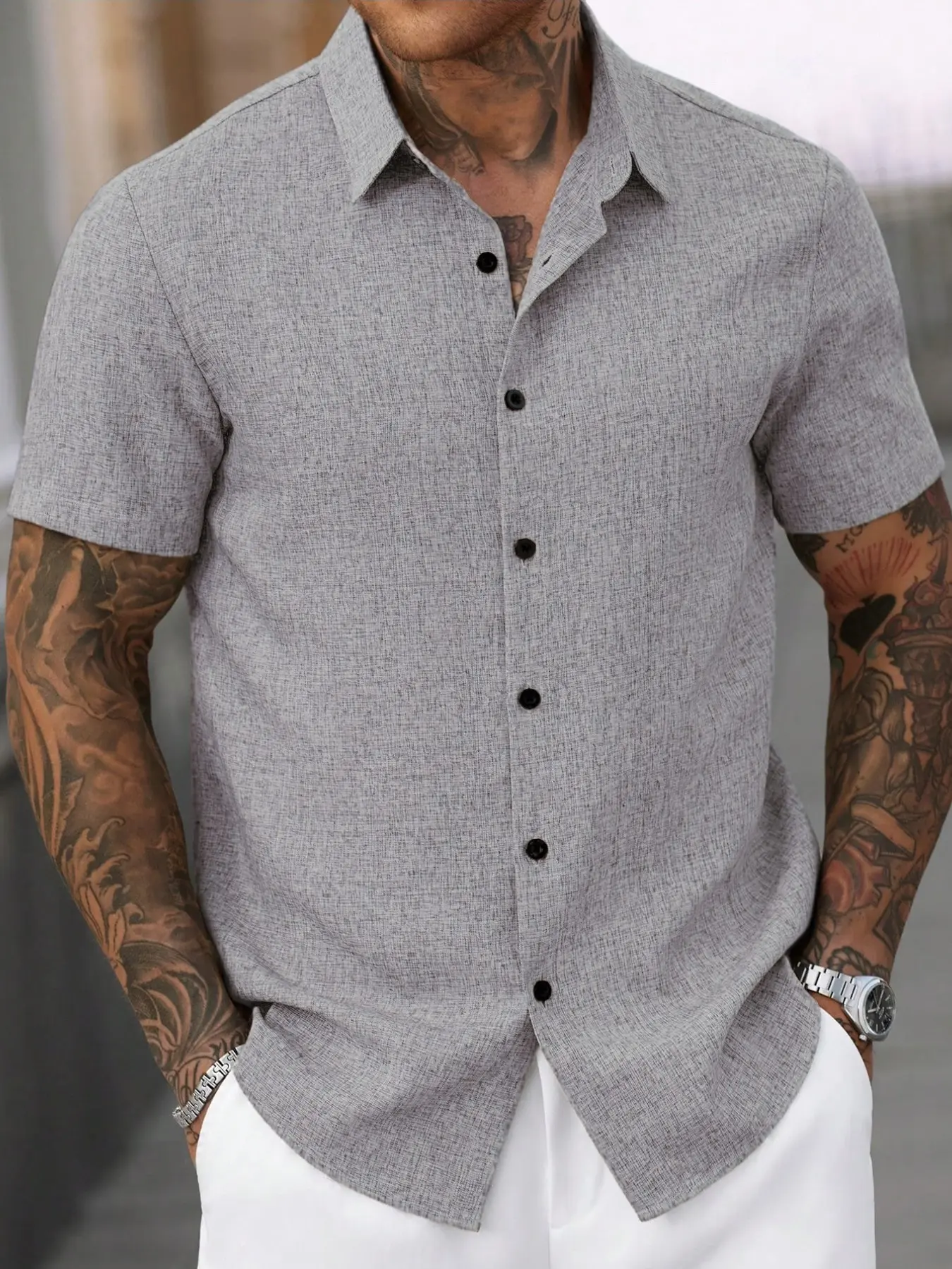 Men's regular short-sleeved shirt, casual fashion collarless top, suitable for spring, summer and autumn seasons, daily outfit