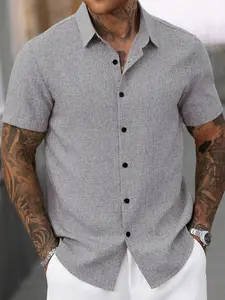 Men's regular short-sleeved shirt, casual fashion Classic plain collarless top, suitable for spring, summer and autumn seasons, daily outfit
