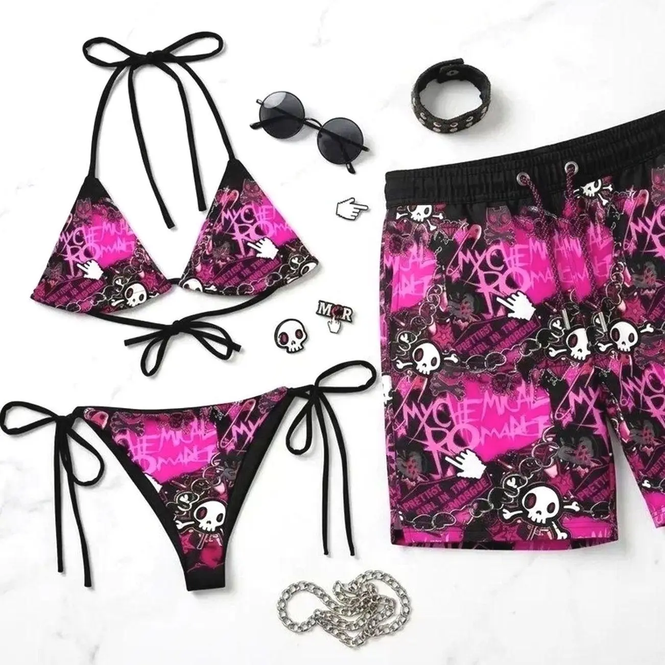 Emo Goth Graphic Couple Swimsuit Set – Punk Bikini & Matching Swim Trunks Q6L ZAF KGA