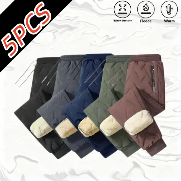 Men's 5-Pack Plain Menswear Athletic Thermal Pants - Fleece-Lined Cotton, Thick, Wind-Resistant, Cold-Protective, High-Stretch Elastic Waistband, Tapered Long, for Everyday Commuting, Outdoor Travel