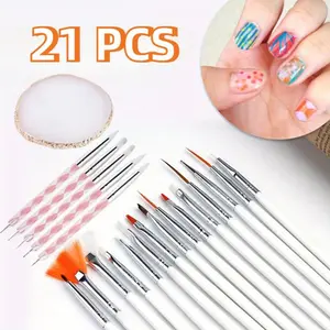 21Pcs Nail Art Design Tools,15Pcs Painting Brushes Set with 5Pcs 2-way Dotting Pens and 1Pcs Gold-rimmed Resin Palette Nail Art Brushes Kits,Nail Art Supplies Nail Art Accessories Manicure Cutics