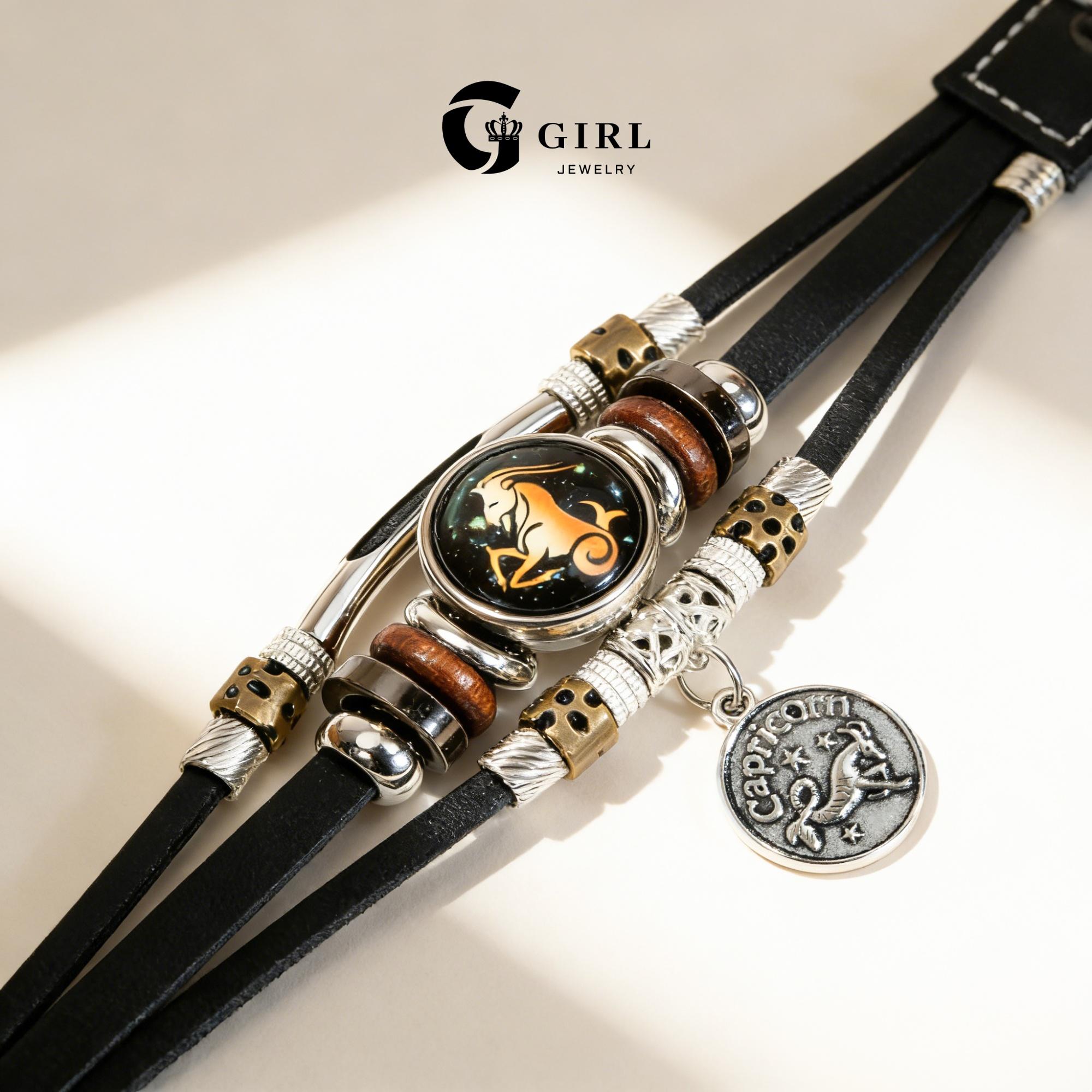 GGIRL 12 Constellation Vintage Bracelet for Men Women Braided Punk Leather Bracelets Gift Glow in The Dark Bracelet