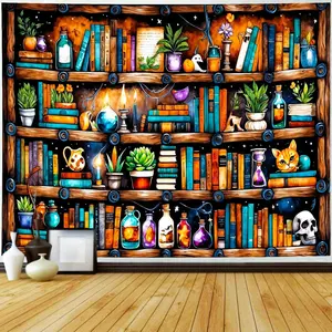 Bookshelf Tapestry Magical Book Tapestry Goth Skull Tapestry Vintage Botanical Hippie Tapestry Wall Hanging Colorful Mystical Tapestry Aesthetic Psychedelic Headboard Tapestry for Room Decor (51.2" x 59.1")
