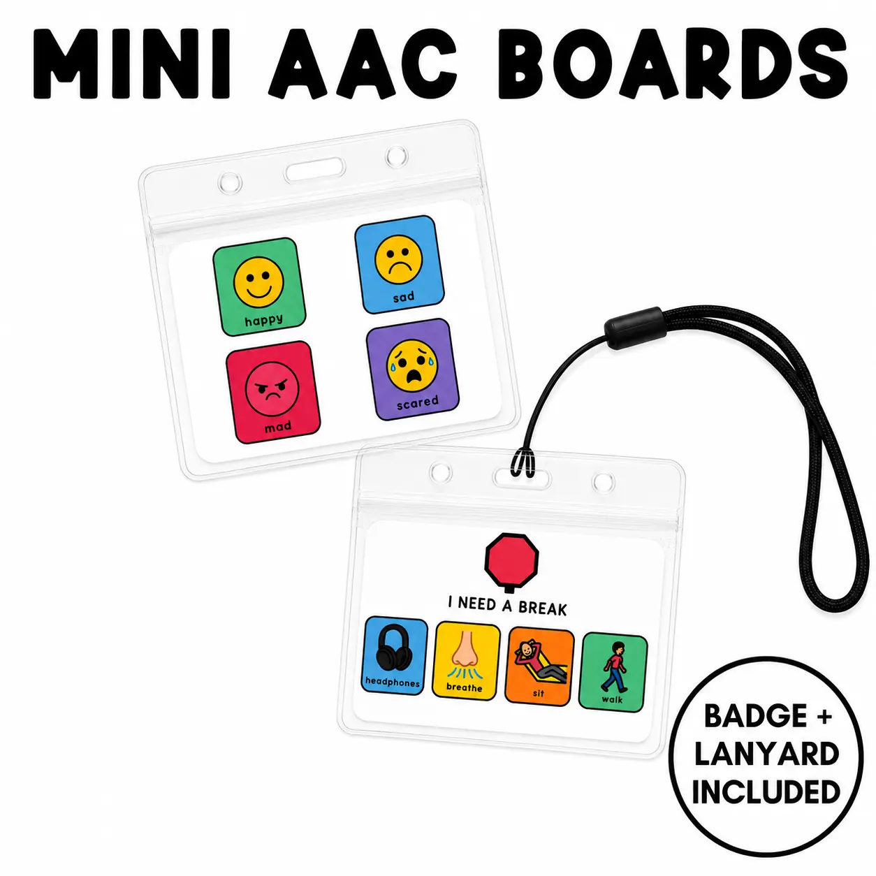 Portable Mini AAC Communication Board for Autistic Learners - Level 1 Unisex Double-Sided Location & Emotions Educational Flash Card, Laminated, with ID Badge Holder, Adjustable Lanyard, Buckle, for Restaurant & Grocery Store Use (All Seasons)