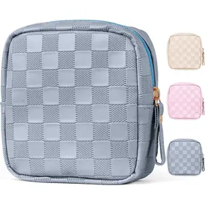 Small Makeup Bag for Purse, Checkered Makeup Bag Small Pouches for purse Leather Mini Make Up Bag Cute  Bag for Women with Slip-in Pockets,Blue Haze