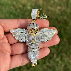 Large Angel Iced Out 3.75" 14K Gold Plated Praying Hands Sparkling Wings Religious Charm for Men and Women + Steel Anti Tarnish No Green Neck Rope Chain