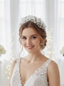 Silver Color Leaf Artificial Pearl Rose Crown, Forest Fairy Tale Elegance Bridal Hair Accessory, Wedding Headpiece