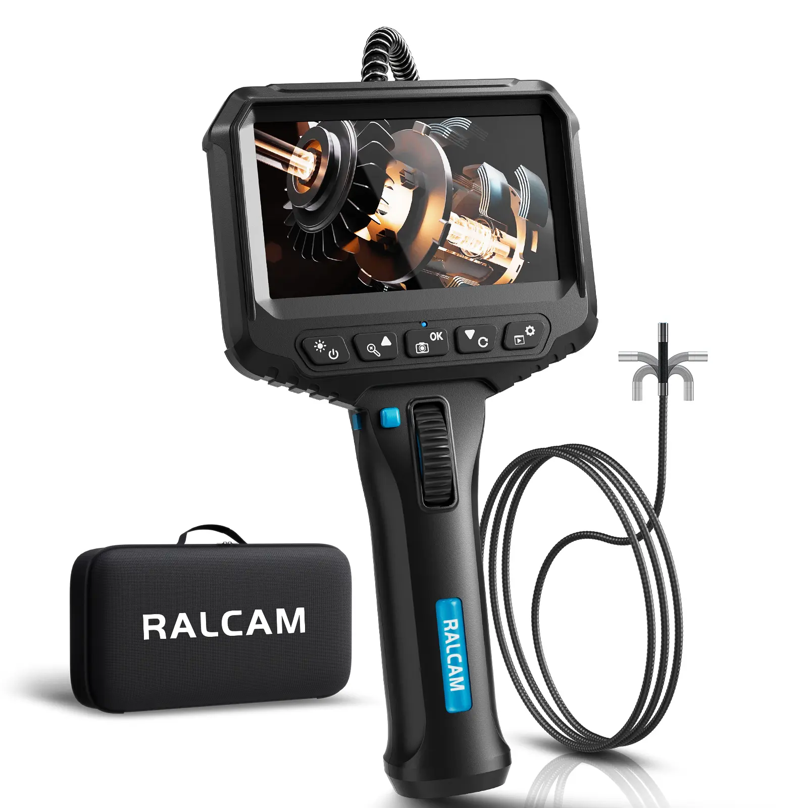 Ralcam 210° Articulating Borescope with 210° Articulating Probe, 6.2mm/0.24in Slim Probe, 2-Way Steering Wheel, 6 Adjustable LED Lights, 1m Semi-Rigid Cable, 2200mAh Rechargeable Battery, 4.3-Inch Display, 3-Hour Use for Automotive, Plumbing Repairs