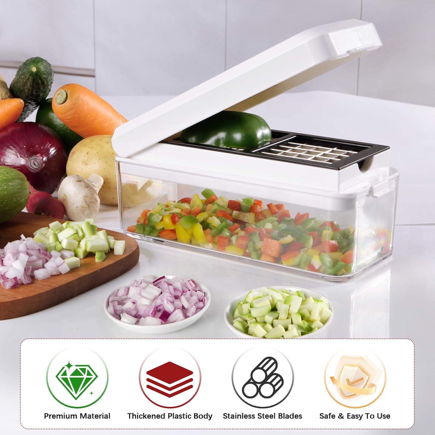 Vegetable Chopper, Onion Chopper Dicer, Mandoline Slicer, Food Chopper with Container, Vegetable Cutter for Salad Potato Carrot Garlic（2 Blades, White Black）