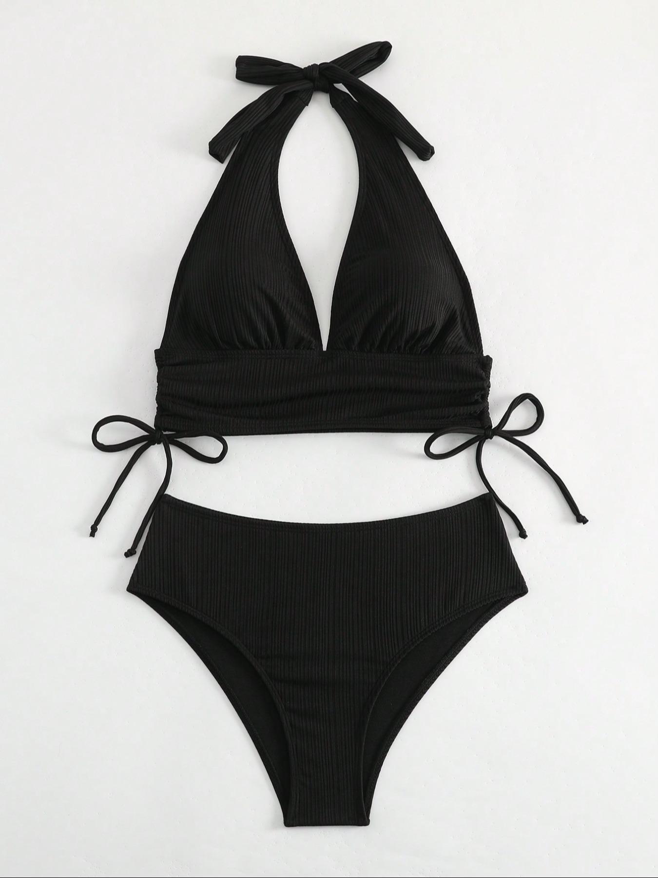 Two-Piece Set Women's Solid Color Bikini Set, Casual Fashion Chic Swimsuit Set, Ladies Swimwear for Beach Holiday Vacation