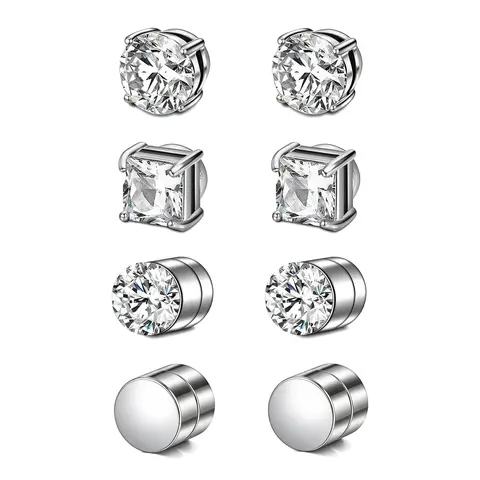 4 Pairs Magnetic Stud Earrings for Women Men,Non-Pierced CZ Diamond Earrings Set,Painless Clip On Fake Piercing Jewelry with Pouch,Halloween Christmas Party Gifts