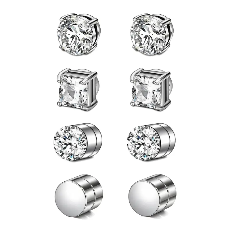 4 Pairs Magnetic Stud Earrings for Women Men,Non-Pierced CZ Diamond Earrings Set,Painless Clip On Fake Piercing Jewelry with Pouch,Halloween Christmas Party Gifts