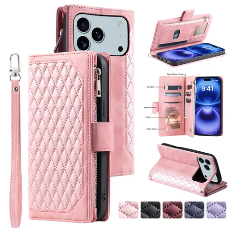 Women's Leather Multi-Functional Protective Crossbody Wallet Case for iPhone 17/16/15/14/13/12 Pro Max Plus - Smartphone Flip Cover with Card Slots, Cash Holder, Kickstand, Hands-Free Crossbody Strap, Magnetic Closure
