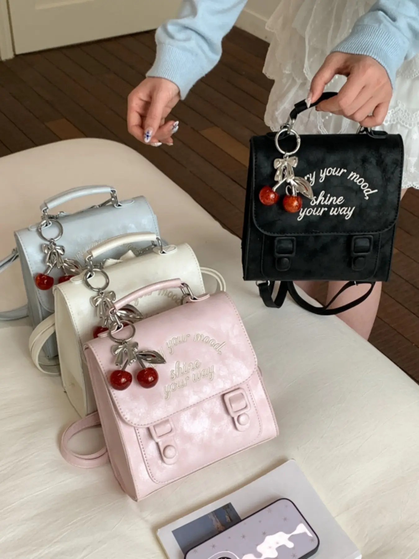 Cherry Pendant Letter Embroidery Backpack for Women, Versatile Crossbody School Bag, Daily Commute Bag, PU Leather, All Seasons