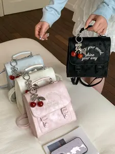 Cherry Pendant Letter Embroidery Backpack for Women, Versatile Crossbody School Bag, Daily Commute Bag, PU Leather, All Seasons