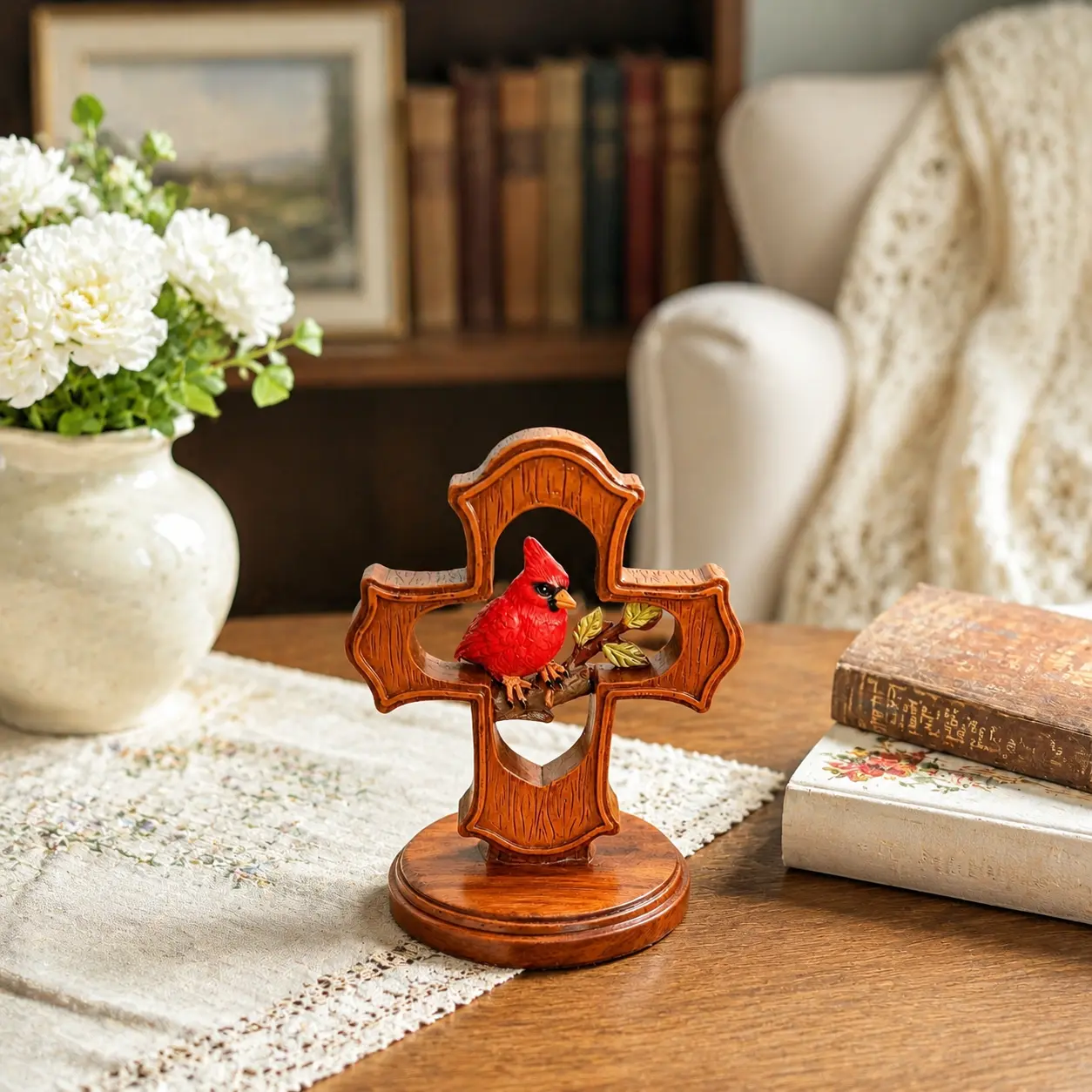 Resin Imitation Wood Standing Cross with Red Cardinal Bird Statue - Tabletop Religious Memorial Home Decor Ornament