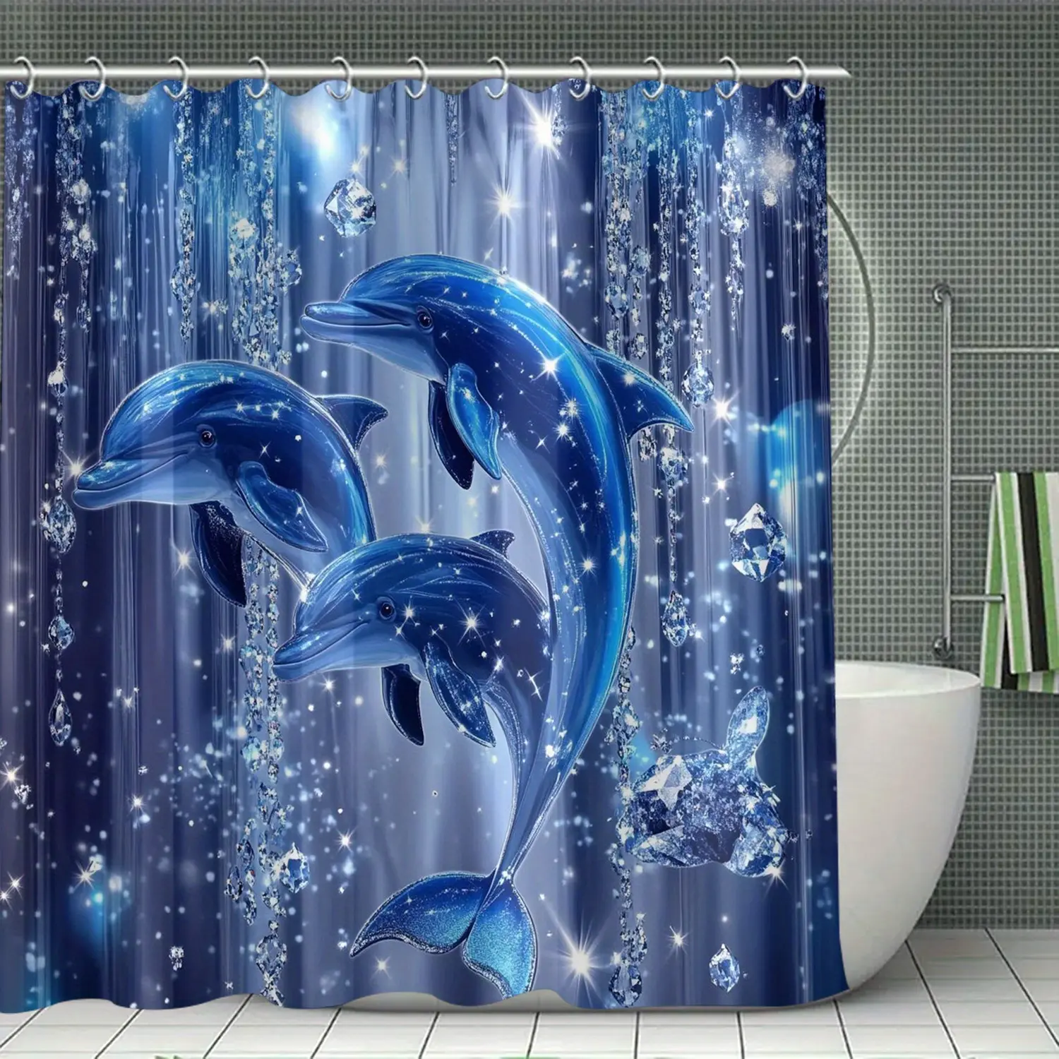 Dolphin Pattern Aesthetic Shower Curtain with 12 Hooks, 1 Count Waterproof Bathroom Curtain with 4 Counts Bath Mat & 1 Count Toilet U-shape Mat, Bathroom Shower Curtain Sets, Bathroom Accessories