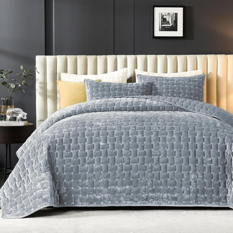 FANSACE Velvet Full/Queen King/California king Size Quilt Set - Luxury Cozy Aqua Green Quilt, Lightweight Soft Velvet Comforter, Geometric Coverlet Bedspreads with 2 Shams for All Seasons