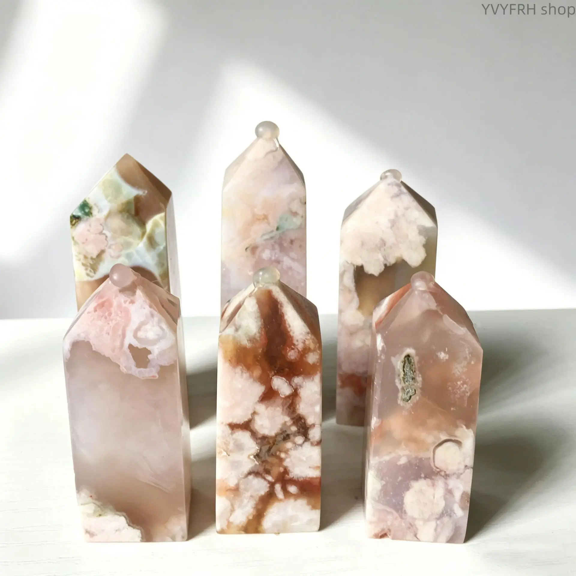 Polished Natural Sakura Flower Agate Crystal Wand, 6 Facet & 4 Facet Single Point Agate Tower, Natural Cherry Pattern Mineral Stone For Home Table Decoration Crystal Collection