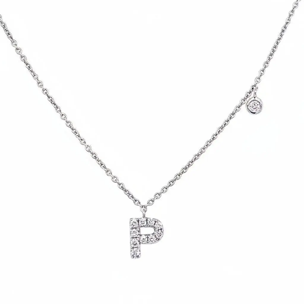 Diamond Initial Necklace "P", 14k White Gold