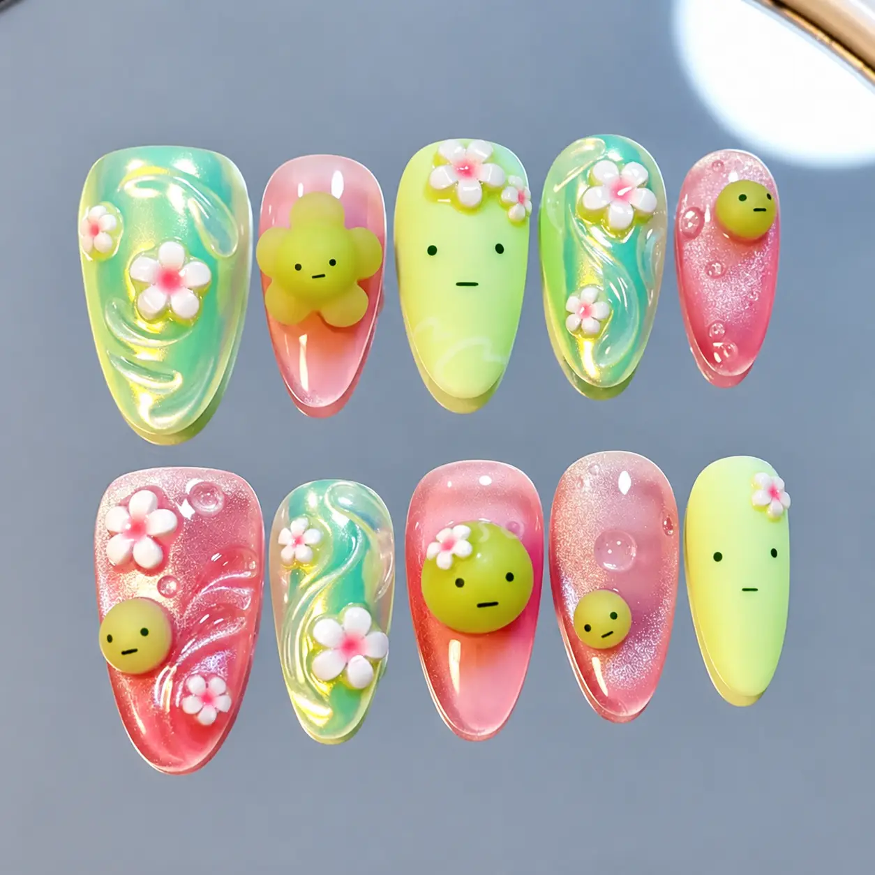 ESmiskina 3D Kawaii Press On Nails | Pastel Cat Eye Gel Nail Box | Cute Sculpted Character & Floral Design | Handmade Reusable Gel Nails| FREE Adhesive Tabs  Nail File Cuticle Stick