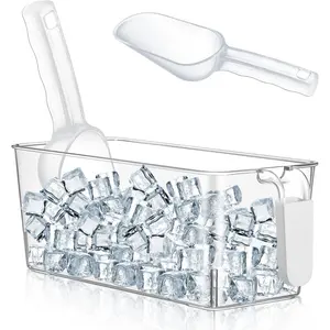 1 Set Ice Bin and Flexible Scoop Set Plastic Freezer Ice Bin with Pull out Handle Storage Bucket Clear for Container with Bucket Scoop (10.83 x 4.92 x 4.33 in,Grey)
