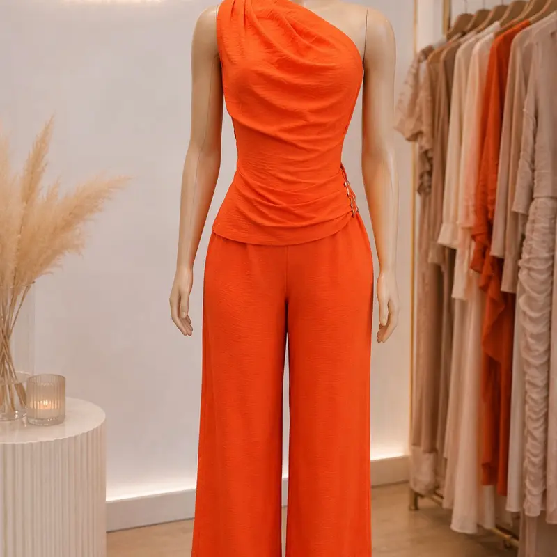 Orange One shoulder Ruched 2-piece Set