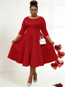 Elegant Plus Size Seven-Quarter Sleeve Round Neck Slim Fit Long Dress, Large Swing Skirt, Stylish Women's Clothing, Classy Modest Dresses