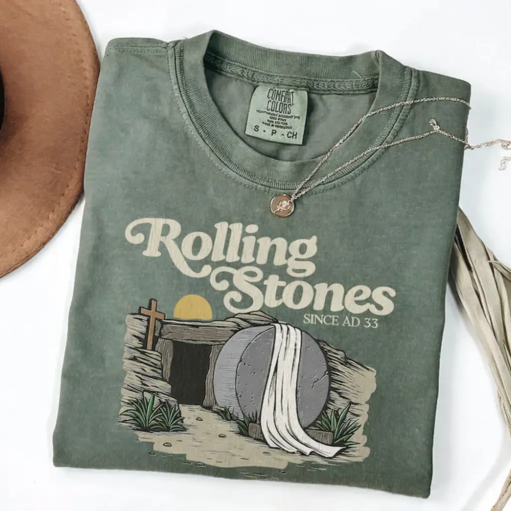 Comfort Color Christian Graphic T-Shirt, "Rolling Stones Since AD 33" Design, Religious Easter Shirt, Vintage Retro Rolling Stones Inspired Tee, Faith Based Apparel, Casual Unisex T-Shirt