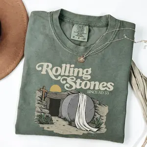 Comfort Color Christian Graphic T-Shirt, "Rolling Stones Since AD 33" Design, Religious Easter Shirt, Vintage Retro Rolling Stones Inspired Tee, Faith Based Apparel, Casual Unisex T-Shirt
