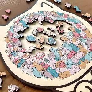 135-Piece Colorful Fun Cat-Shaped Wooden Puzzle–A stress-relieving gift,this detailed cat-themed puzzle comes with a display stand and dust cover.A creative gift for cat lovers and puzzle enthusiasts, perfect for home décor. Morandi Animal Puzzle Series