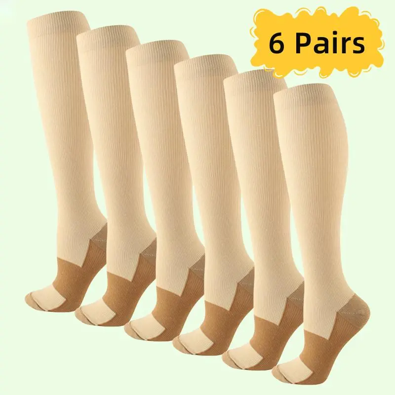6 Pairs Copper Fiber Compression Socks for Men and Women Knee-High Nylon Knit for Running Travel Nurses & Pregnant Women