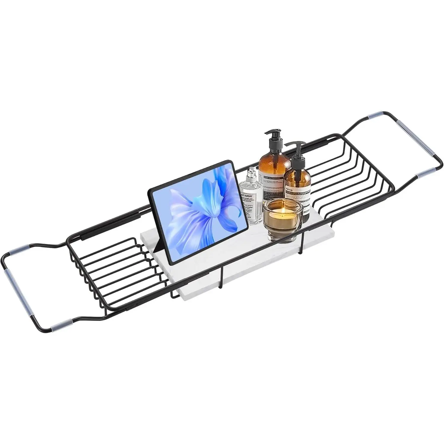 Matte Black Adjustable Modern Stainless Steel Bathtub Tray with White Marble Base, Rustproof Bath Caddy for Spa Relaxation & Bath Bomb Storage