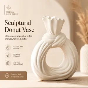 Modern Boho Ceramic Donut Vase, Sculptural Hollow Center Vase for Dried Flowers, Matte Ivory Decorative Table Vase for Shelf, Entryway, Living Room, Bedroom, Desk, Housewarming Gift