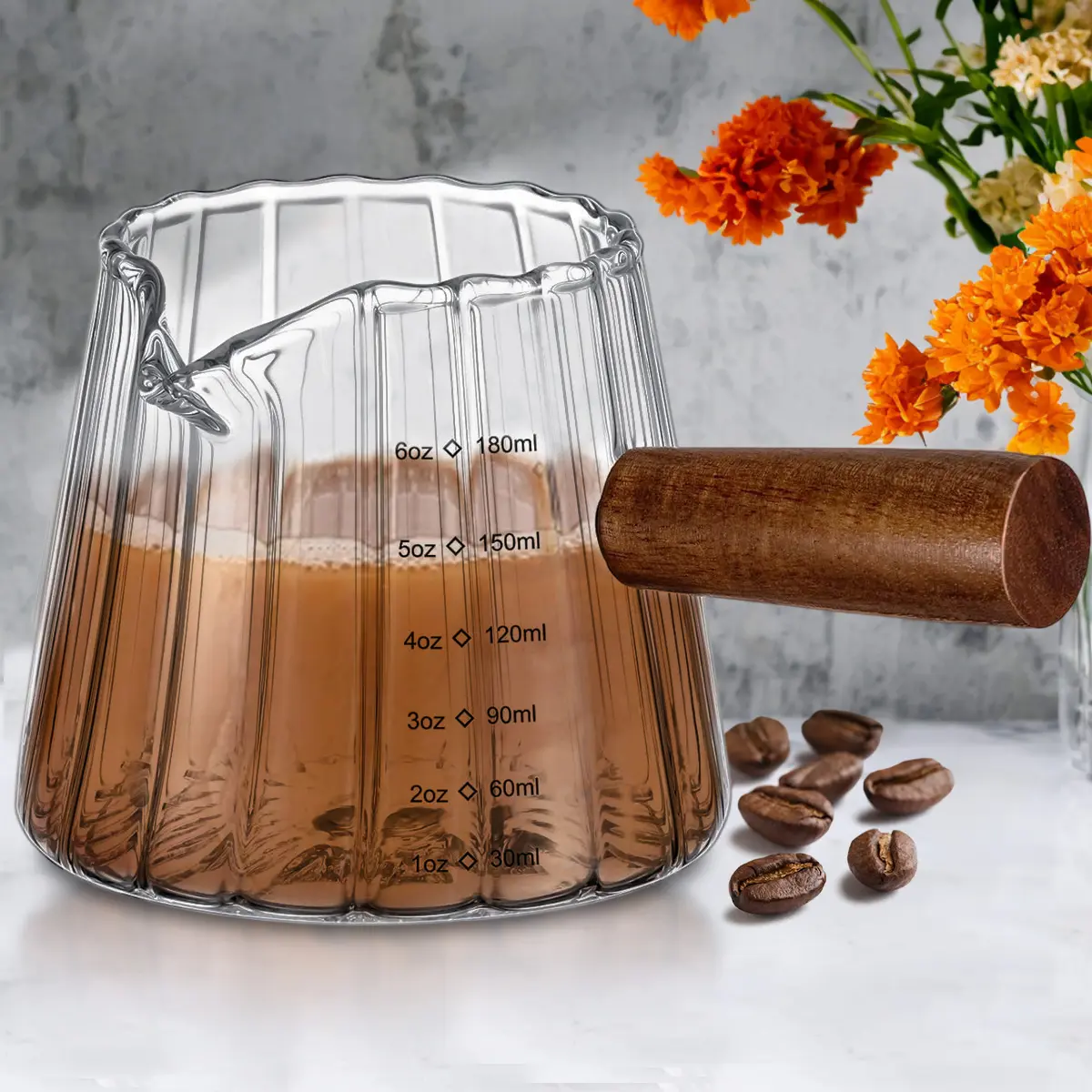 oz/180 ml Espresso Shot Glass with Wooden Handle, Espresso Accessories, Milk Frother Measuring Cup with Clear Scale, Kitchen Measuring Utensil for Coffee, Milk, Tea and Syrup, Measure Cups