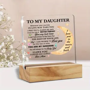 To My Daughter Moon & Stars Acrylic Plaque - Sentimental "I Love You to the Moon and Back" Keepsake Gift from Mom, Birthday/ Graduation Desk Decor with Wooden Base