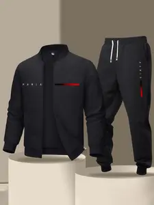 Men's Spring/Autumn Personality Paris Letter Print Pattern Jacket with Pants Set - Stylish Casual Men's Clothing Pocket Sports Elastic Waist Drawstring Trousers Two-Piece Outfit, Suitable as a Gift for Husband or Boyfriend
