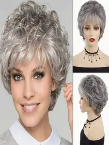 Elegant Short Silver Color Curly Wig with Bangs, Natural Look Synthetic Hair, High-Temperature Fiber, Loose Curl Style, Perfect Gift for Seniors, Synthetic Fiber Wigs