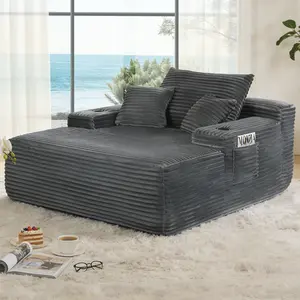Oversized Chaise Lounge Chair Indoor Boneless Reading Chair Plush Corduroy Recliner with Cup Holders Large Deep Seat Comfy Sofa Bed Couch with 3 Pillows for Living Room Bedroom, No Assembly Required,Grey