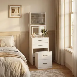 3 in 1 Vanity Desk with 3 Color LED, Compact Makeup Vanity Set with 2 AC Outlets & USB, Dressing Table with Drawers & Acrylic Doors, Nightstand Vanity Mirror, Jewelry Box, Hidden Chair