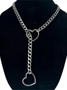 Silver Color Cuban Chain Necklace, Stainless Steel Unique Heart Shape Pendant, Punk Y2K Style, Casual & Party Wear, Women & Girls Jewelry, Heart Design Necklace