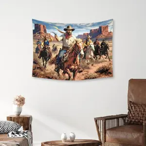 Vintage Western Cowboy Woven Tapestry, Rustic Horse Rider Wall Hanging for Living Room Bedroom, Fringed Throw Blanket Decor, Desert Landscape Art