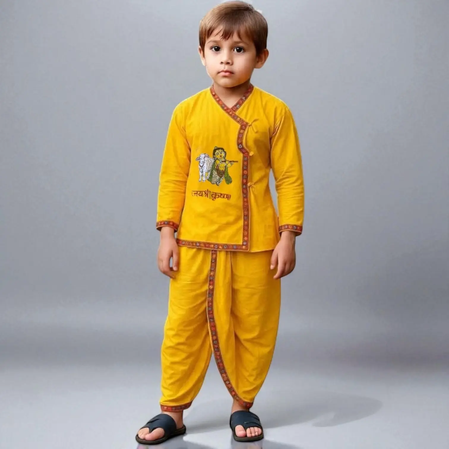 Dhoti kurta with lord Krishna prints.