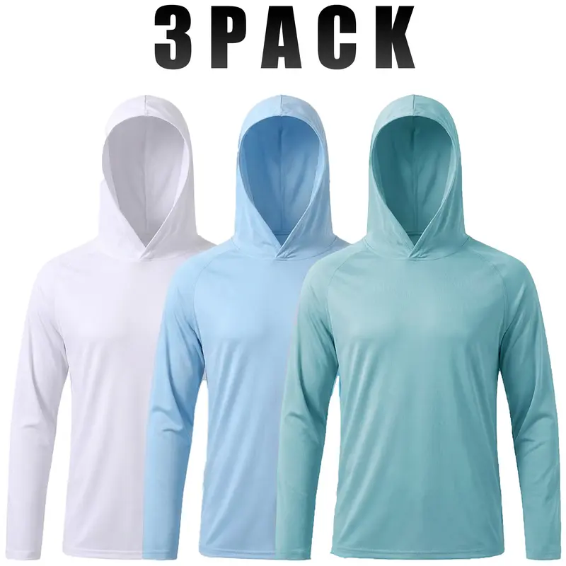 Male 3-Pack Hooded Athletic Top Long Sleeve Shirts - Light Polyester, UPF 50+, Thumbholes, Breathable, Quick Dry, Easy Wear, Exercising Ready, Machine Washable, Standard Sizes, 0610-Blue/White/Gray, Ideal for Fishing,Hiking