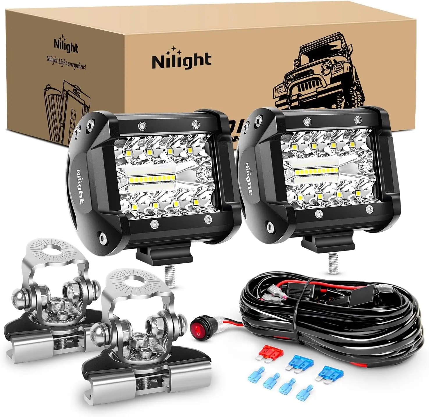 Nilight 2PC 4-Inch Triple Row 60W Flood-Spot Combo LED Car Lights, 6000LM Waterproof Off-Road Pods with Adjustable Bracket Mount Pillar Hood Clamp Holder, Wiring Harness Kit, Bright Car Lighting for Trucks