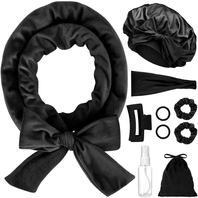 65in Heatless Hair Curlers Kit - 9 Count Soft Curling Rods Set with Double Layer Large Satin Black Sleep Bonnet, Hair Styling Tool for Daily Use, Heatless Blowout Summer Gift