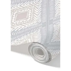 Peel and Stick Wallpaper Roll 20.5" x 16 ft Tribal Squares Blue and Tan Diamond Pattern Removable Self-Adhesive for Easy DIY Decor